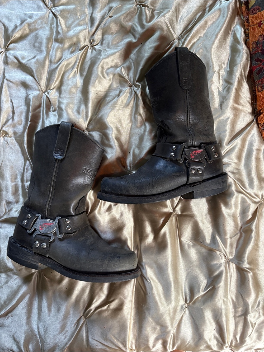 Red Wing brown Leather Harness steel biker Boots with Red Accent